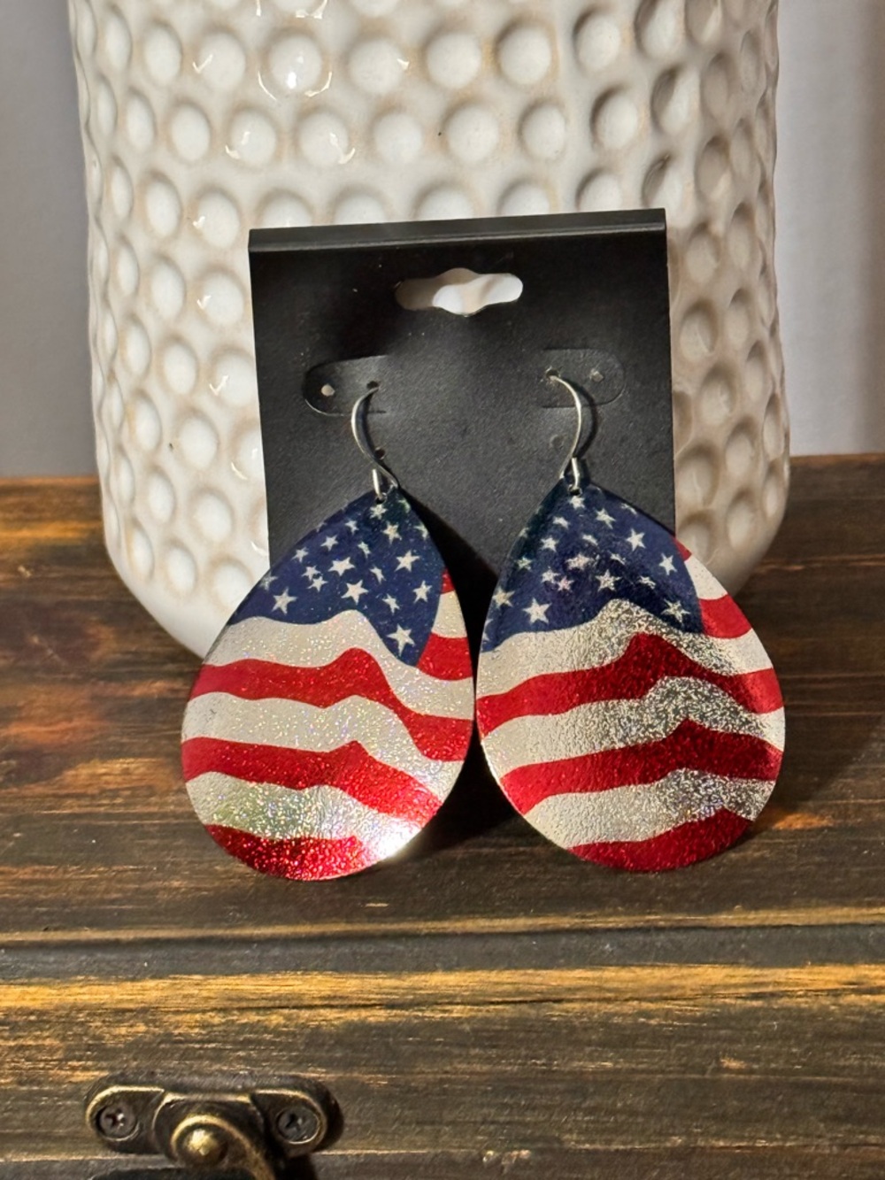 American Flag Teardrop Metal Earrings - Red, White & Blue